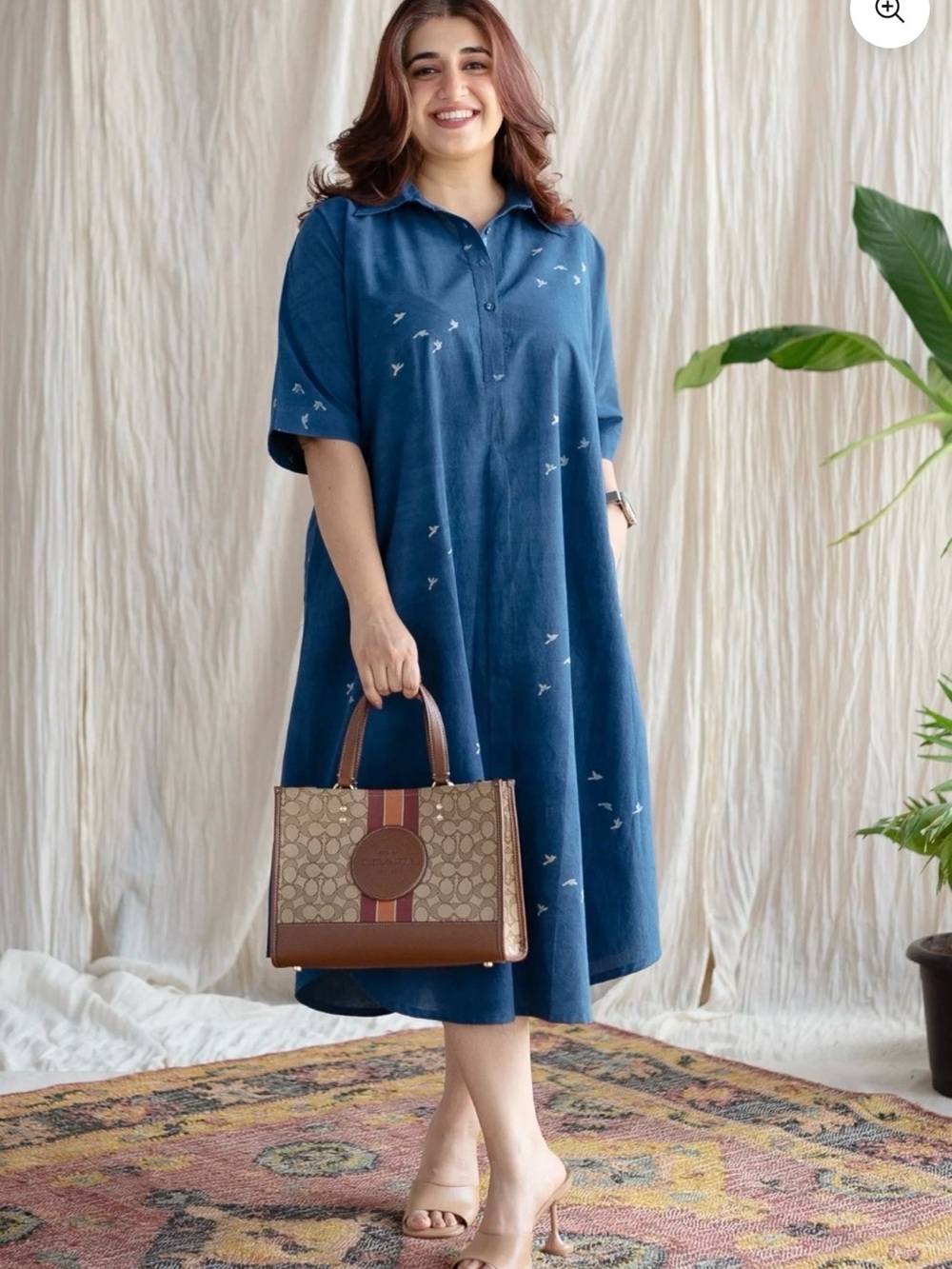 The Indian Ethnic Co Nila Jaipur Ajrakh Blue Bird Midi Cotton Shirt Dress XXL